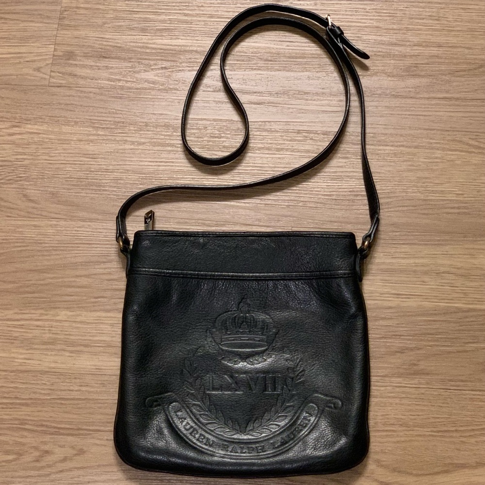 Lauren Ralph Lauren Leather Embossed LXVII Crown Crossbody Bag Black Sz 9 x 8,5